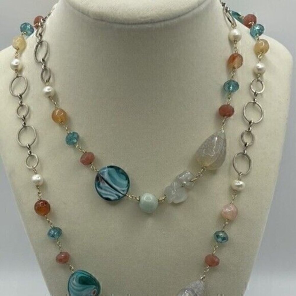 Vintage Long Single Strand Necklace - Polished Multicolor Stone Nuggets …